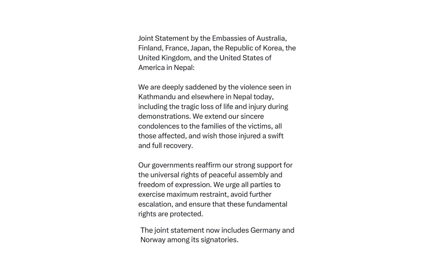 Nine Embassies Issue Joint Statement on Violence in Nepal, Urge ...
