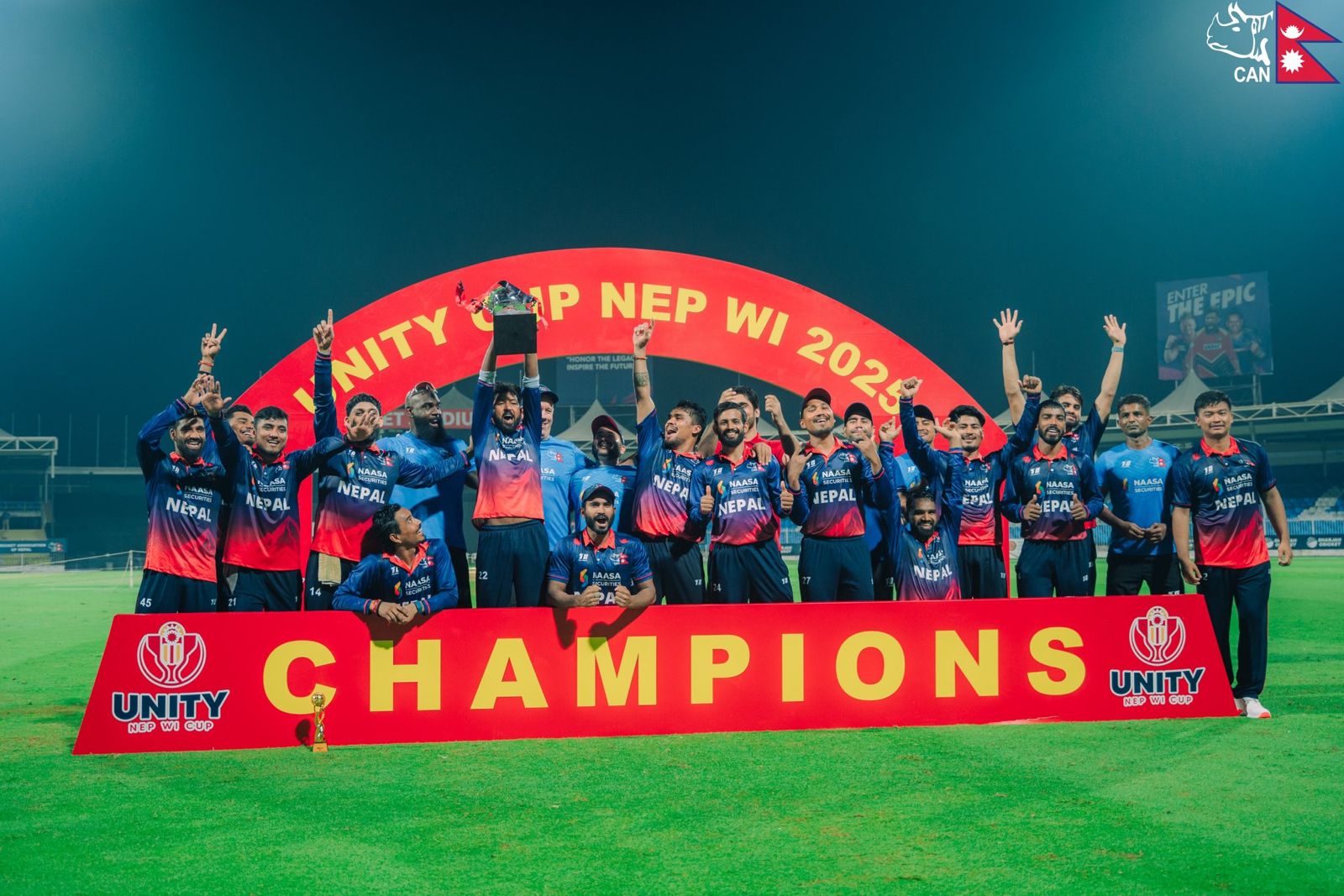 Nepal lifts the Unity Cup trophy after winning the T20I series.