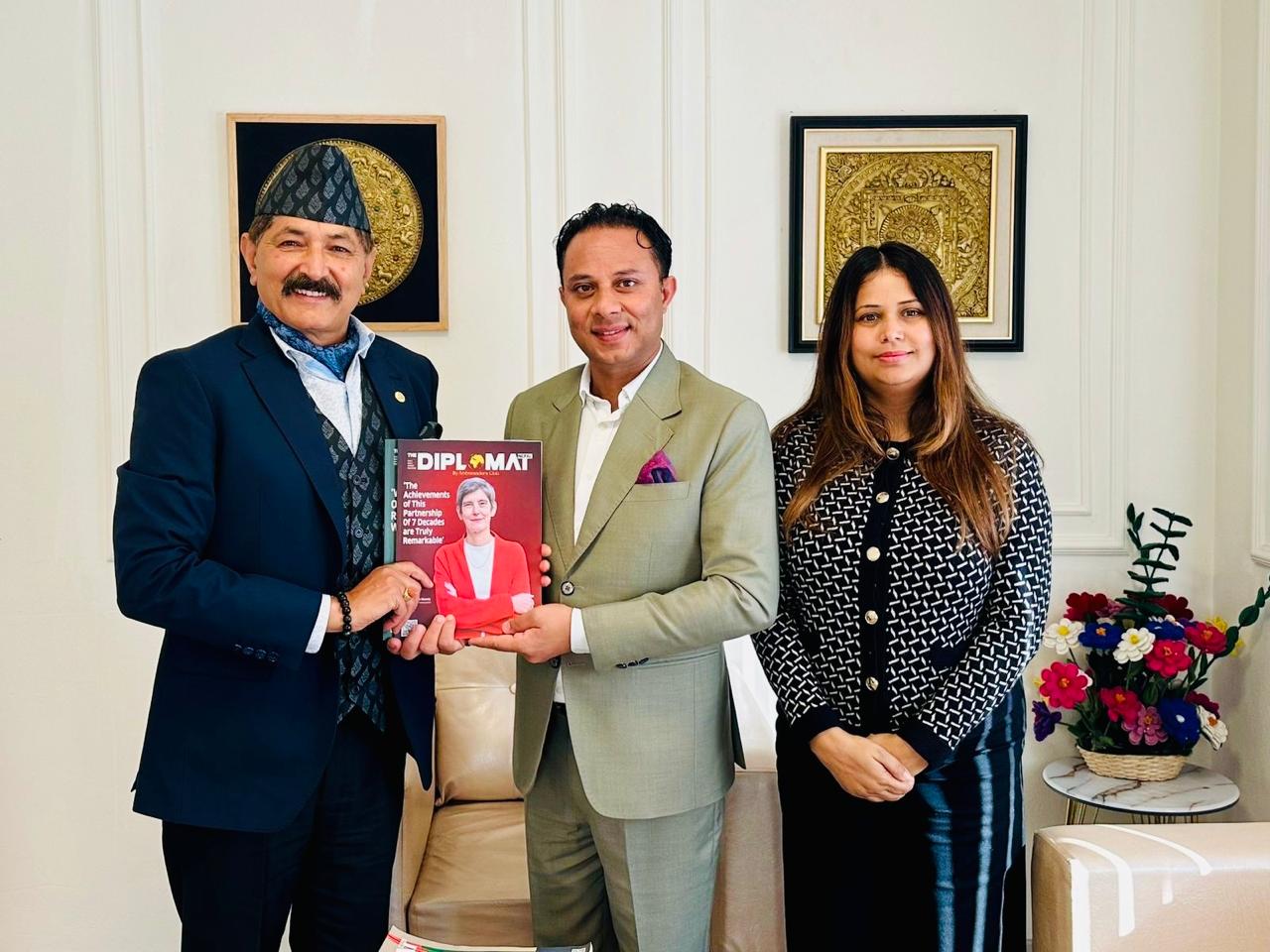 President Amb. Dr. Sarmila and Publisher Bimal Receive Former DIG of Nepal Police Kesh at the Ambassadors Club Nepal