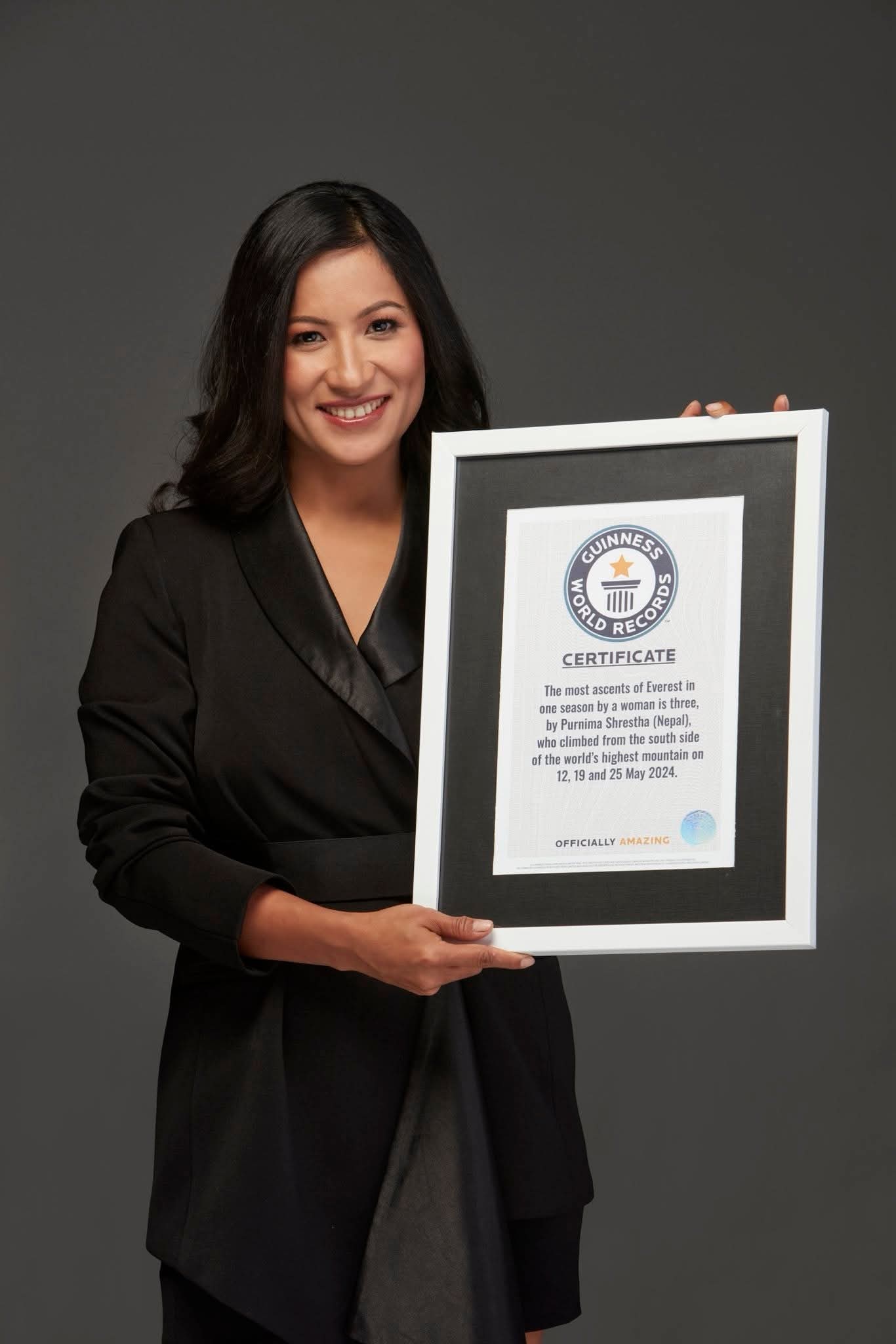 Nepali Mountaineer Purnima Shrestha Receives Certificate From the Guinness World Record