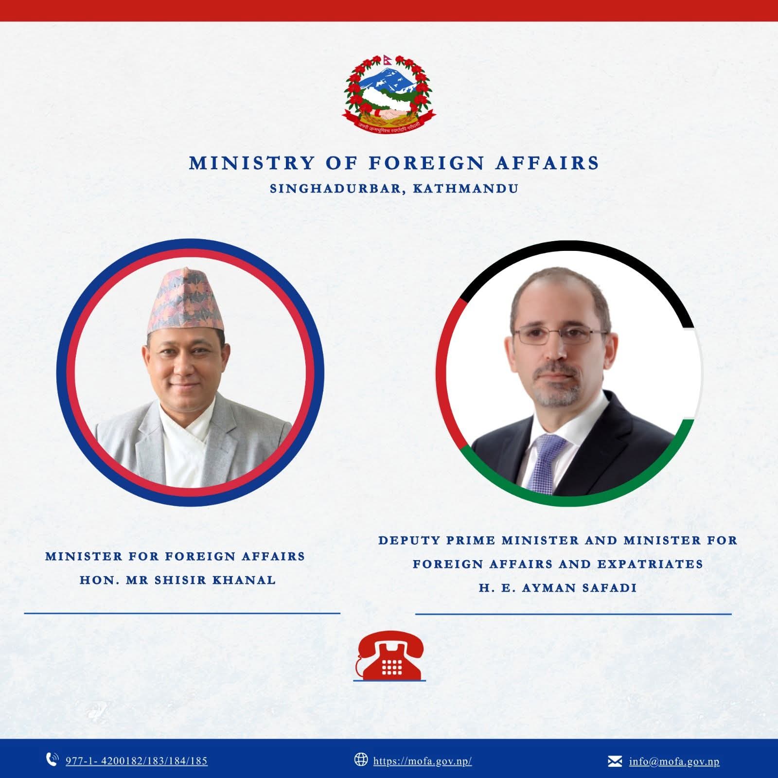 Nepal, Jordan Foreign Ministers Hold Telephone Conversation, Discussed Bilateral Relations and Cooperation