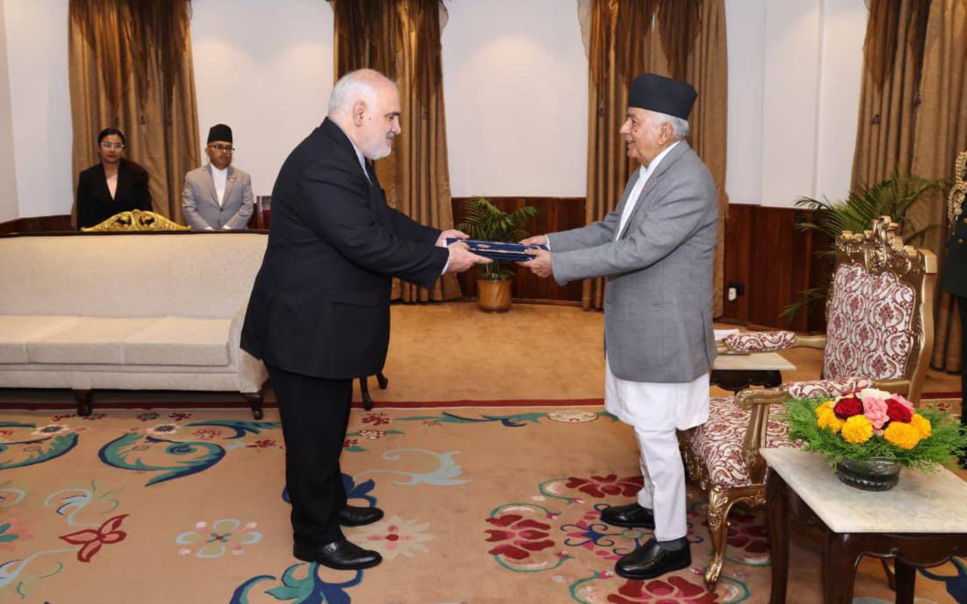 Iranian Ambassador Fathali Gives His Letters of Credence to President Paudel