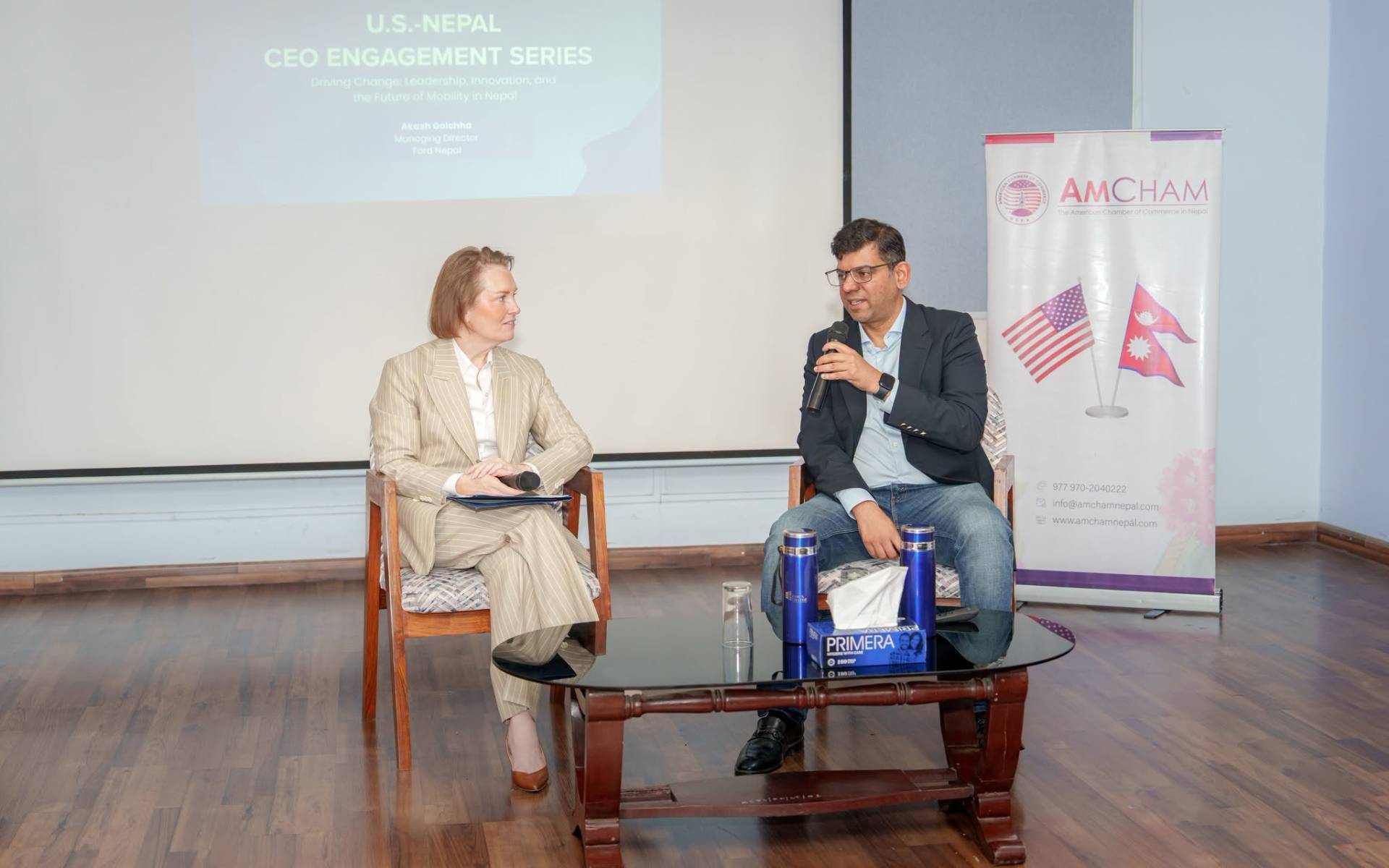 US Political and Economic Chief Leahy Moderates Discussion with AmCham Nepal Vice Chair Golchha